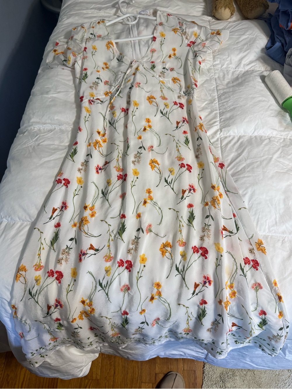 ecru Cream Floral Midi Dress with Yellow and Red Blooms